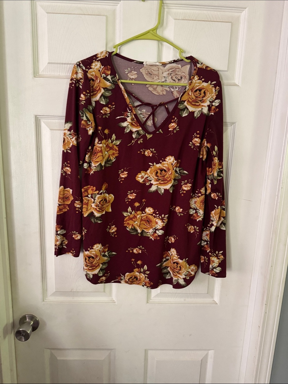 Floral Crisscross V-Neck Long Sleeve Top - Burgundy